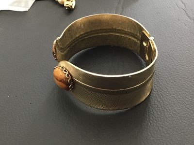 Vintage Gold-Tone Bypass Feather Cuff Bracelet with Faux Tiger's Eye Stones