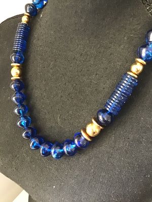 Vintage Cobalt Blue Faux Glass and Gold-Tone Bead Necklace