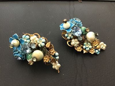 Vintage Blue Enamel and Rhinestone Floral Clip-On Earrings
