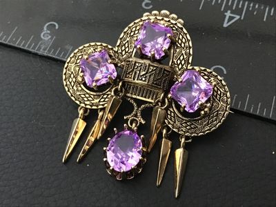 Vintage Gold-Tone Purple Rhinestone Dangle Brooch