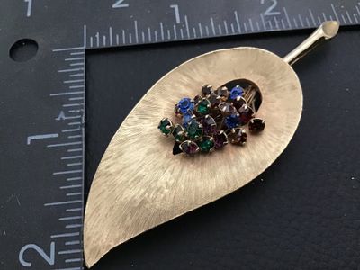 Vintage Gold-Tone Textured Leaf Brooch with Multi-Color Rhinestones