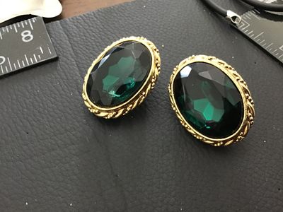 Vintage Gold Tone Oval Clip-On Earrings with Large Faceted Green Stones
