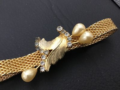 Vintage Gold-Tone Mesh Slide Bracelet with Faux Pearls & Rhinestones