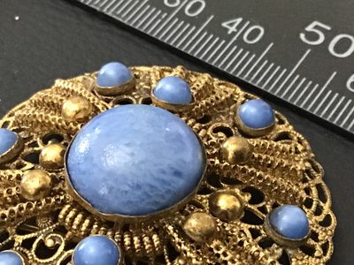 Vintage Czechoslovakia Blue Cabochon Filigree Brooch