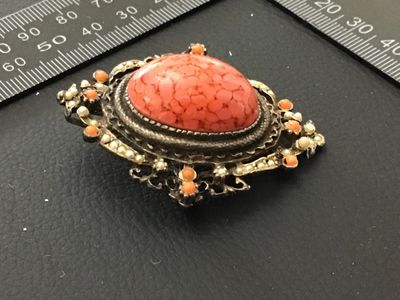 Vintage Stone/ Coral and Seed Pearl Brooch Domed