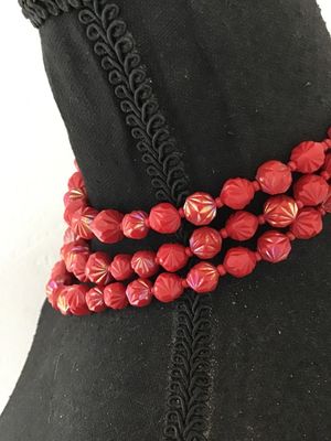 Vintage West Germany 3-Strand Red Molded Plastic Bead Necklace