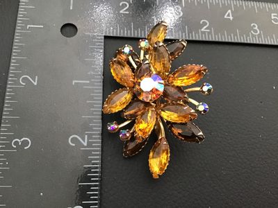 Vintage Amber & Aurora Borealis Rhinestone Brooch