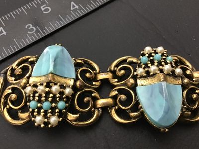 Vintage Gold-Tone Faux Turquoise and Pearl Scarab Link Bracelet