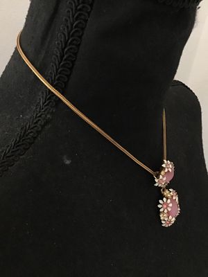 Vintage Gold-Tone Snake Chain Necklace with Pink Cabochon & Floral Pendant