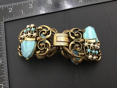 Vintage Gold-Tone Faux Turquoise and Pearl Scarab Link Bracelet