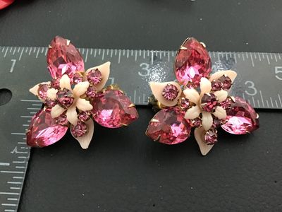 Vintage Pink Rhinestone and Molded Glass Flower Clip-On Earrings Statement