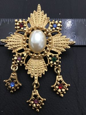 Vintage Gold-Tone Maltese Cross Dangle Brooch with Faux Pearl & Rhinestones