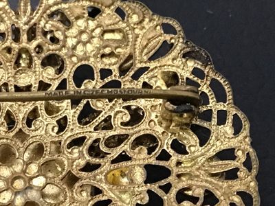 Vintage Czechoslovakia Blue Cabochon Filigree Brooch