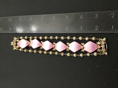 Vintage Pink Thermoplastic and Faux Pearl BraceletMulti strand
