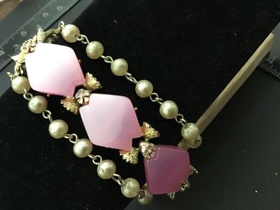 Vintage Pink Thermoplastic and Faux Pearl BraceletMulti strand