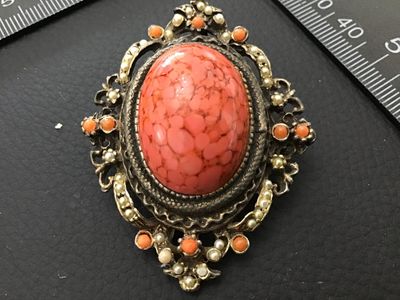 Vintage Stone/ Coral and Seed Pearl Brooch Domed