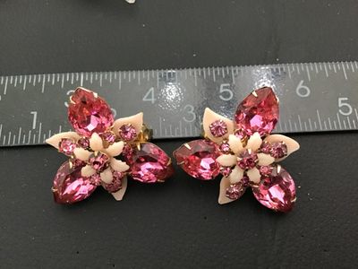 Vintage Pink Rhinestone and Molded Glass Flower Clip-On Earrings Statement