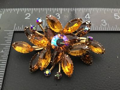 Vintage Amber & Aurora Borealis Rhinestone Brooch