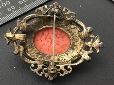 Vintage Stone/ Coral and Seed Pearl Brooch Domed