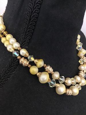Vintage Double Strand Faux Pearl & Aurora Borealis Crystal Necklace