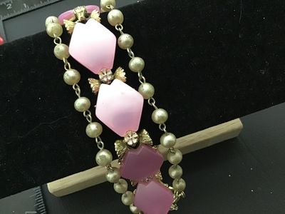 Vintage Pink Thermoplastic and Faux Pearl BraceletMulti strand