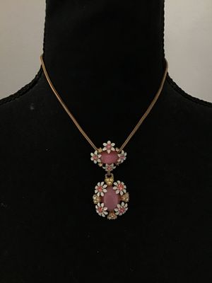Vintage Gold-Tone Snake Chain Necklace with Pink Cabochon & Floral Pendant