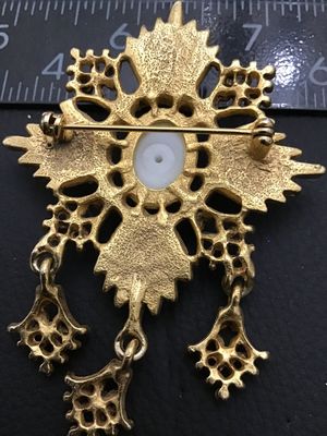 Vintage Gold-Tone Maltese Cross Dangle Brooch with Faux Pearl & Rhinestones