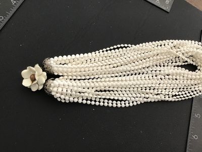 Vintage Multi-Strand White Seed Bead Choker Necklace with Flower Clasp