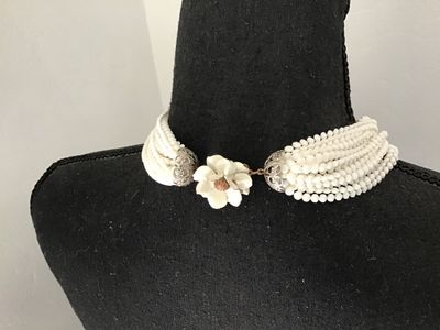 Vintage Multi-Strand White Seed Bead Choker Necklace with Flower Clasp