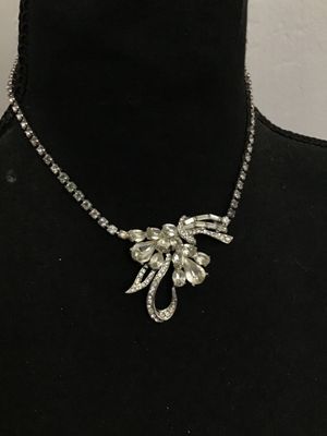 Vintage Rhinestone Statement Necklace with Floral Bow Pendant