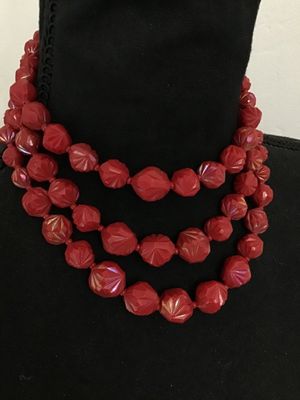 Vintage West Germany 3-Strand Red Molded Plastic Bead Necklace