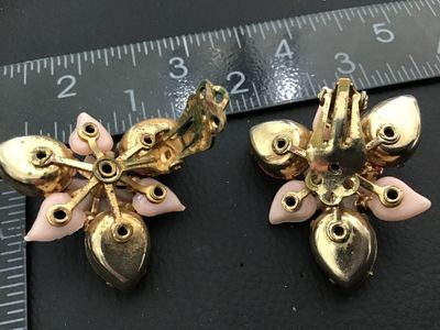 Vintage Pink Rhinestone and Molded Glass Flower Clip-On Earrings Statement