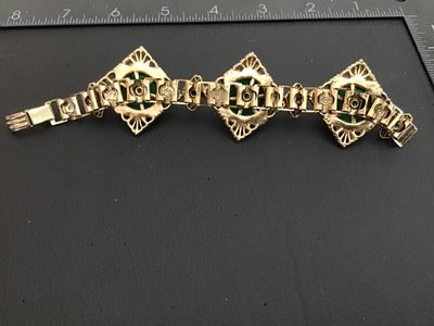 Vintage Gold-Tone Filigree Bracelet with Green Faux Malachite Cabochons