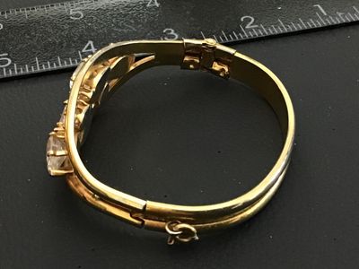Vintage Gold Tone Art DecoClear Rhinestone Hinged Bangle Bracelet
