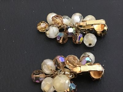 Vintage Beaded Cluster Clip-On Earrings with Aurora Borealis Crystals