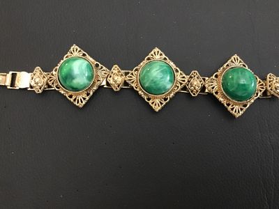 Vintage Gold-Tone Filigree Bracelet with Green Faux Malachite Cabochons