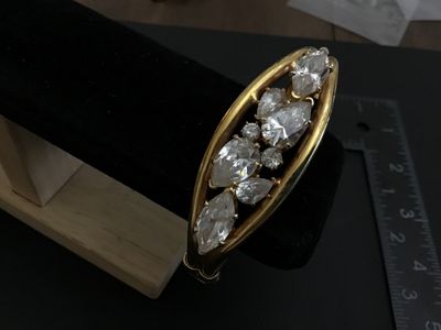 Vintage Gold Tone Art DecoClear Rhinestone Hinged Bangle Bracelet