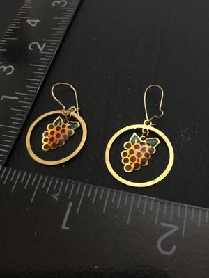 Vintage Gold Tone Enamel Grape Cluster Hoop Dangle Earrings