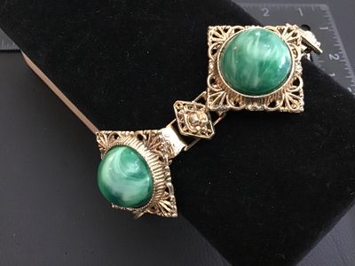 Vintage Gold-Tone Filigree Bracelet with Green Faux Malachite Cabochons