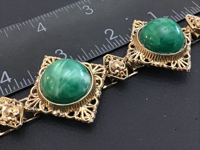 Vintage Gold-Tone Filigree Bracelet with Green Faux Malachite Cabochons
