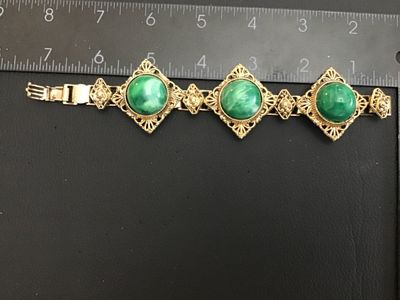 Vintage Gold-Tone Filigree Bracelet with Green Faux Malachite Cabochons