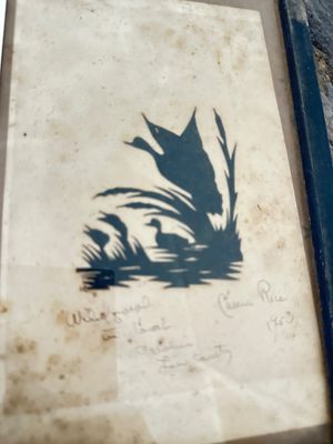 Carew Rice Vintage framed silhouette art depicting wild fowl in a marsh, signed and dated 1953, showing significant age-related staining...