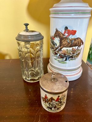 Vintage equestrian-themed collection featuring a ceramic table lamp base, a small lidded mustard pot with a metal lid, and a clear...