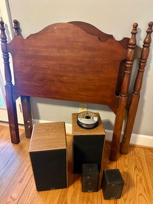 Vintage wooden twin-size headboard pair with turned posts, shown alongside a pair of DCM bookshelf speakers and two small KLH satellite...
