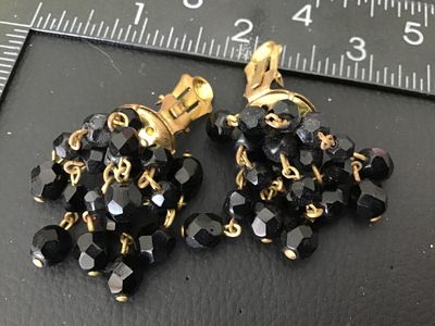 Vintage Black Faceted Glass Bead Cluster Clip-On Earrings