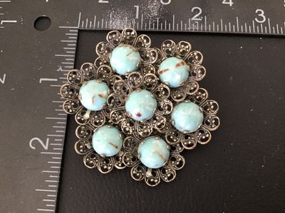Vintage Silver Tone Filigree Brooch with Glass Turquoise Cabochons