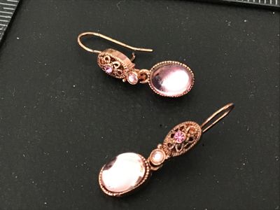 Vintage Rose Gold Tone Pink Cabochon Dangle Earrings