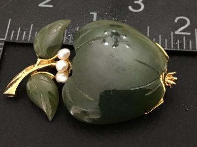 Vintage Nephrite Jade and Pearl Apple Brooch