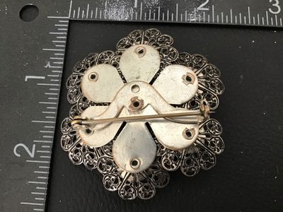 Vintage Silver Tone Filigree Brooch with Glass Turquoise Cabochons