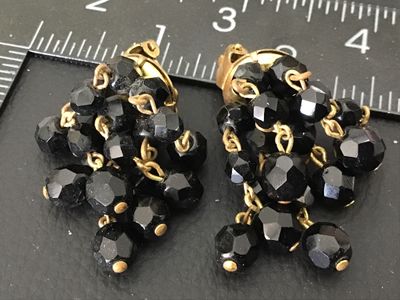 Vintage Black Faceted Glass Bead Cluster Clip-On Earrings